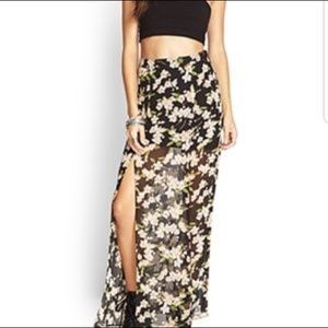 Forever 21 long floral skirt side slit black pink